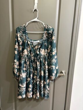 Altar'd State Teal Floral Babydoll Dress with Cream Flowers